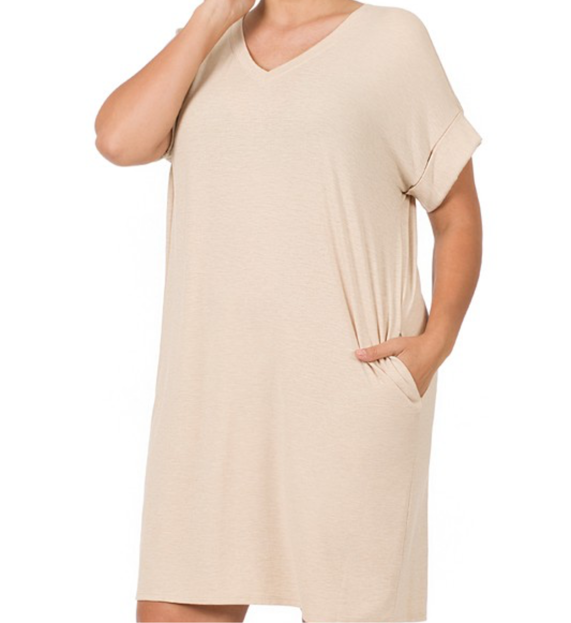 Beige Plus Rolled Sleeve Dress